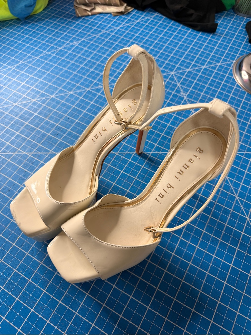 Gianni Bini White/Cream Patent Leather Ankle-Strap Platform Heels